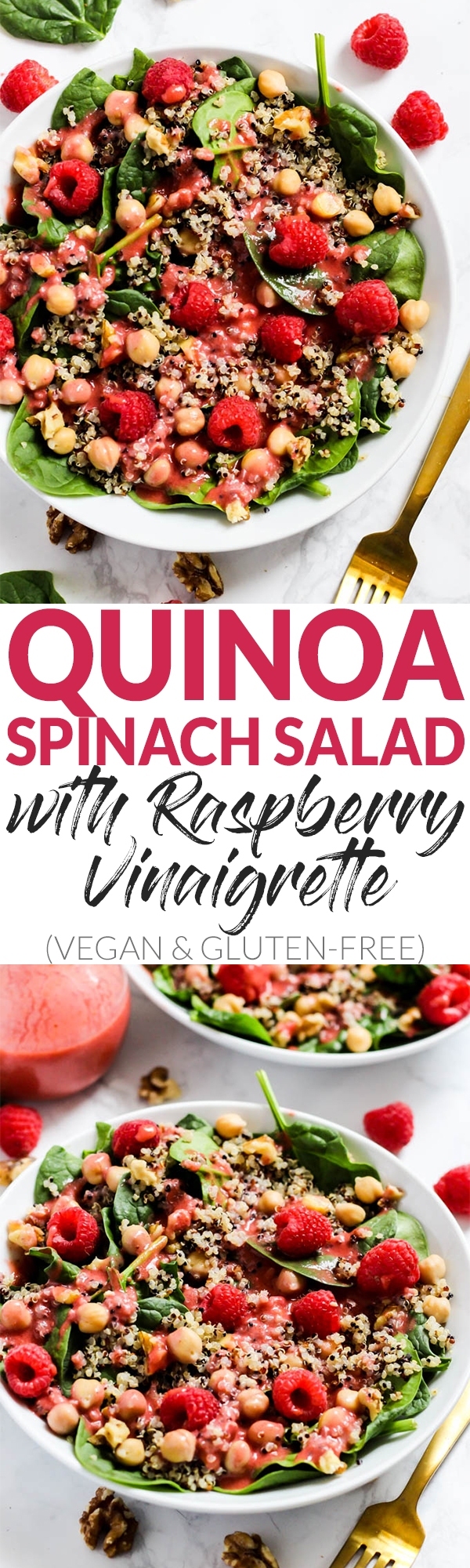 Enjoy the fresh flavors of the season with this fruity Quinoa Spinach Salad with Raspberry Vinaigrette! Serve it as a side or a meal. Vegan & gluten-free!