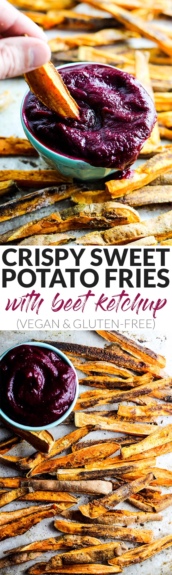 These extra Crispy Sweet Potato Fries dipped in tangy beet ketchup are the perfect addition to any dinner plate! A delicious vegan & gluten-free side dish.