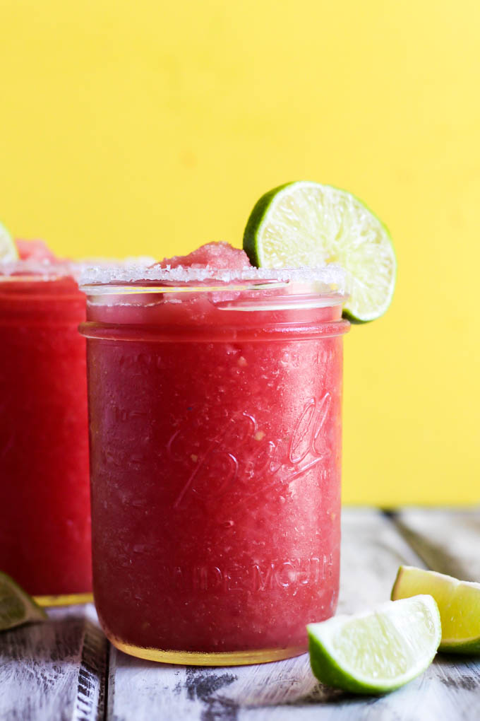 This Frozen Watermelon Margarita is your new go-to summertime drink! It's fruity, refreshing & made with only five ingredients. Perfect with chips & salsa!