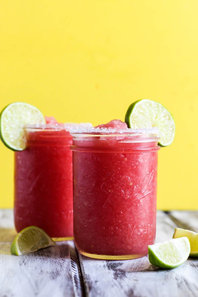 This Frozen Watermelon Margarita is your new go-to summertime drink! It's fruity, refreshing & made with only five ingredients. Perfect with chips & salsa!