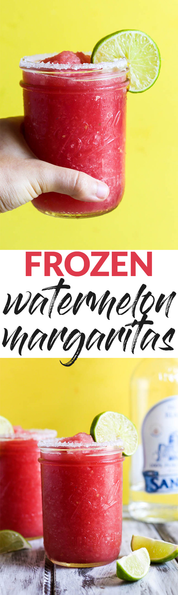 This Frozen Watermelon Margarita is your new go-to summertime drink! It's fruity, refreshing & made with only five ingredients. Perfect with chips & salsa!