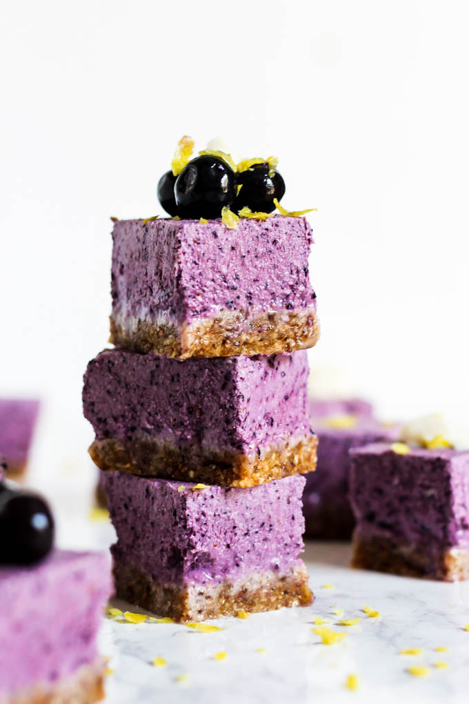 A perfect summer dessert, these No Bake Lemon Blueberry Cheesecake Bars are refreshing & full of fruity flavor! They're vegan, gluten-free & easy to make.