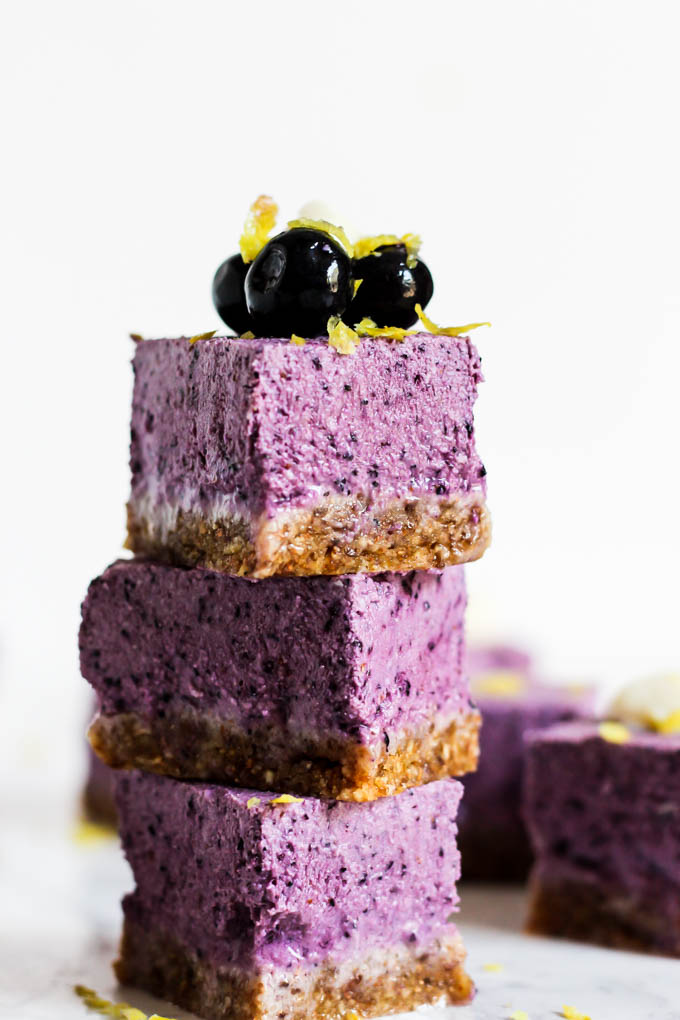A perfect summer dessert, these No Bake Lemon Blueberry Cheesecake Bars are refreshing & full of fruity flavor! They're vegan, gluten-free & easy to make.