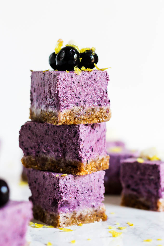 A perfect summer dessert, these No Bake Lemon Blueberry Cheesecake Bars are refreshing & full of fruity flavor! They're vegan, gluten-free & easy to make.