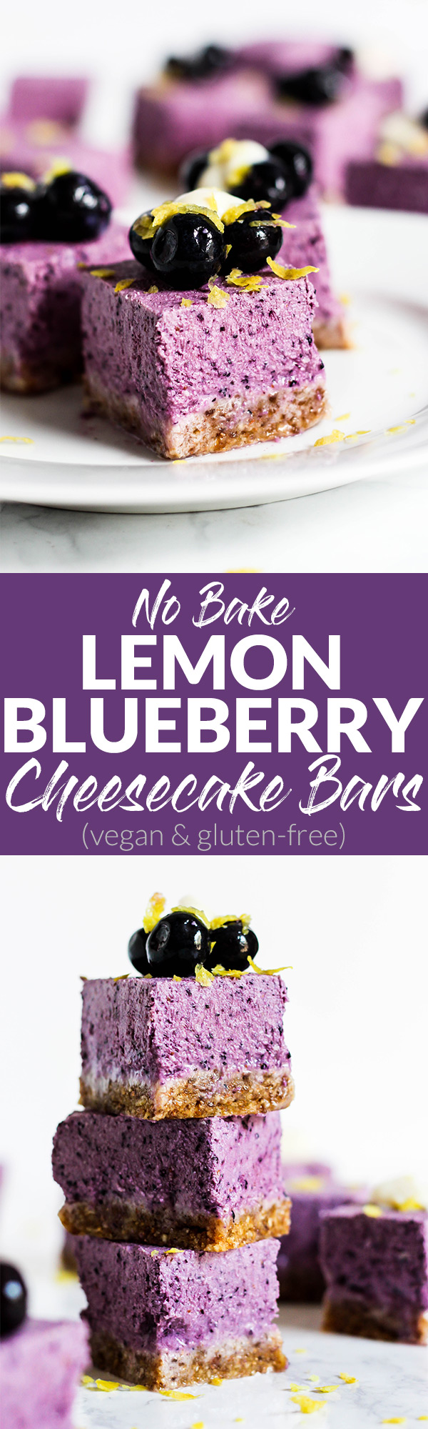 A perfect summer dessert, these No Bake Lemon Blueberry Cheesecake Bars are refreshing & full of fruity flavor! They're vegan, gluten-free & easy to make.