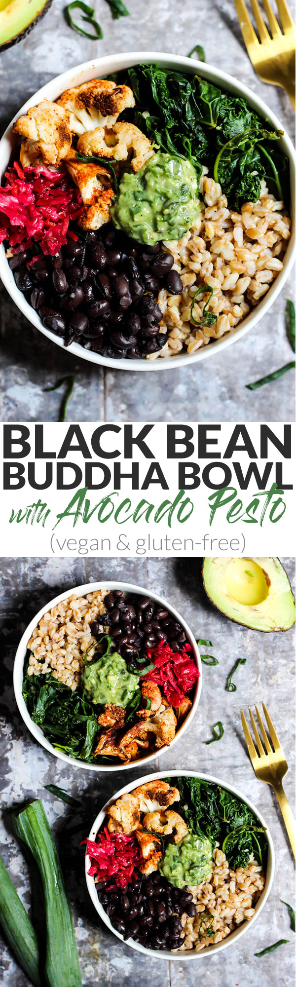 Serve up dinner in less than 30 minutes with this Black Bean Buddha Bowl recipe with creamy Avocado Pesto! It's vegan, gluten-free, and full of nutrients.