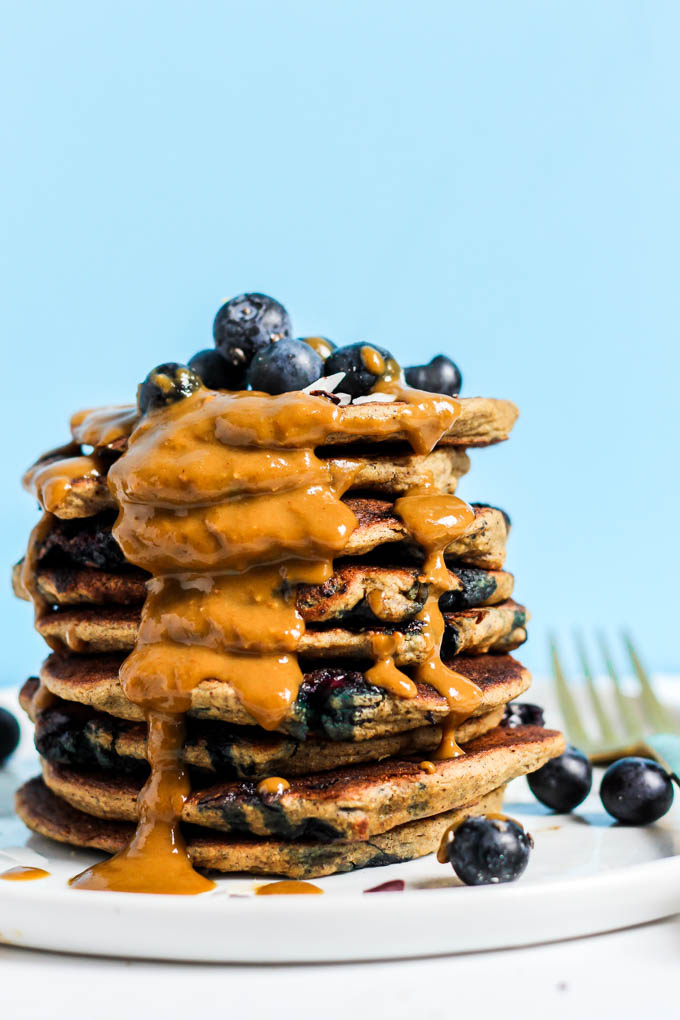 These Blueberry Vegan Protein Pancakes aren't just for the weekend! They're made in the blender, which means less time from start to breakfast. Gluten-free!