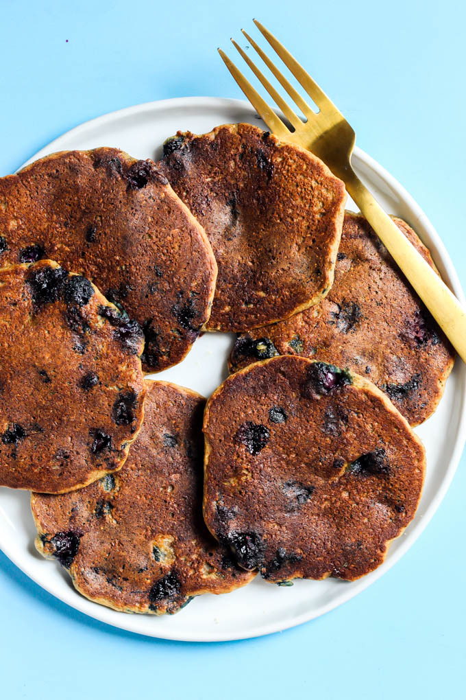 These Blueberry Vegan Protein Pancakes aren't just for the weekend! They're made in the blender, which means less time from start to breakfast. Gluten-free!