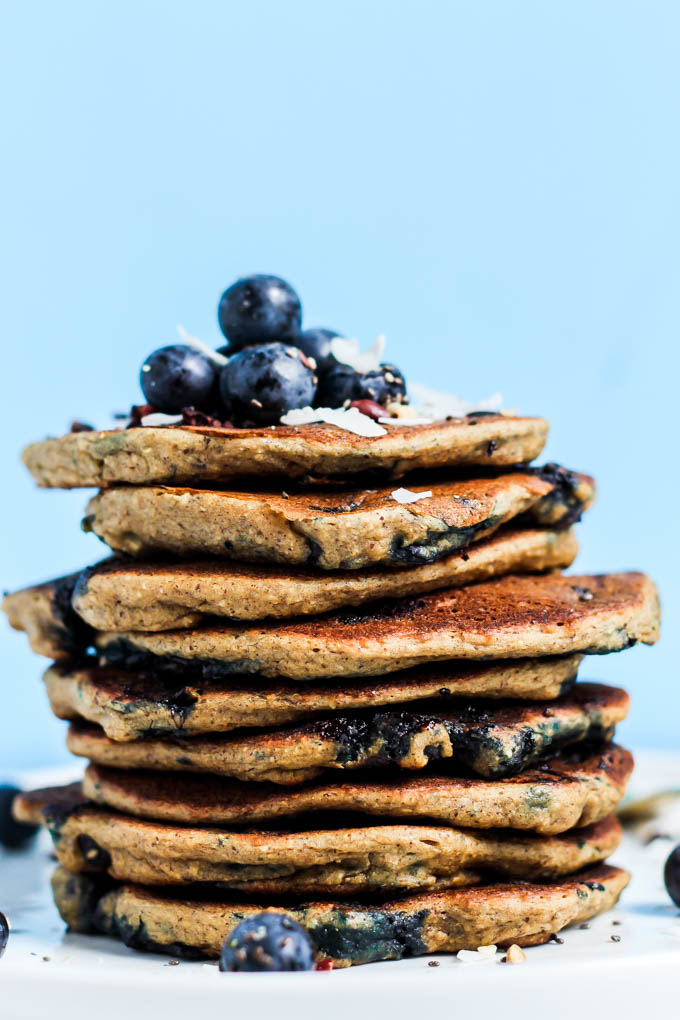 These Blueberry Vegan Protein Pancakes aren't just for the weekend! They're made in the blender, which means less time from start to breakfast. Gluten-free!