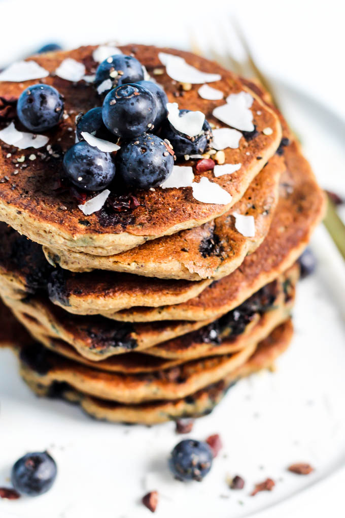 These Blueberry Vegan Protein Pancakes aren't just for the weekend! They're made in the blender, which means less time from start to breakfast. Gluten-free!