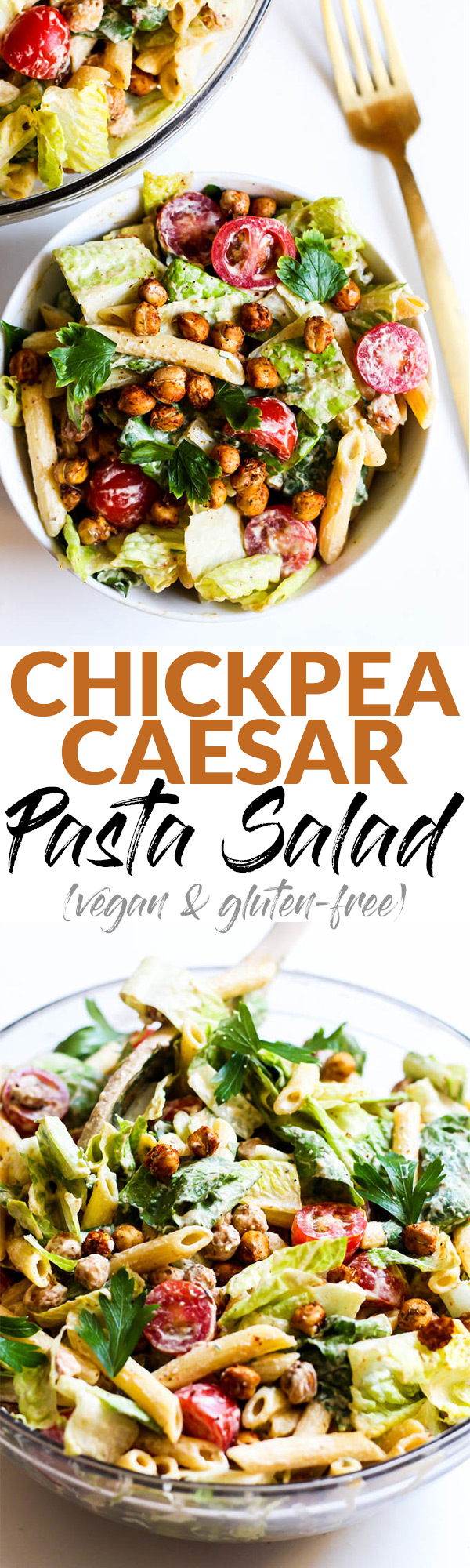 A classic dish with a twist, this vegan Chickpea Caesar Pasta Salad is full of creamy Caesar dressing and crunchy chickpea croutons! A great side or entree. (gluten-free)
