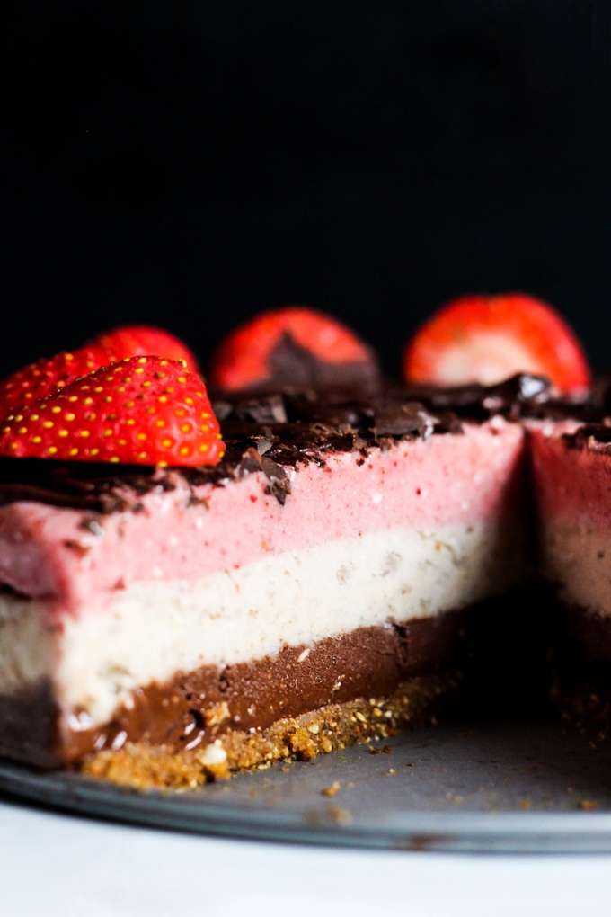 Why have just one ice cream flavor when you can have all three? This Neapolitan Banana Ice Cream cake is a creamy, decadent dessert for any occasion! Vegan & gluten-free.