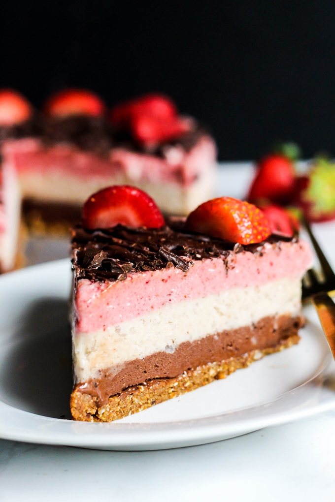 Why have just one ice cream flavor when you can have all three? This Neapolitan Banana Ice Cream cake is a creamy, decadent dessert for any occasion! Vegan & gluten-free.