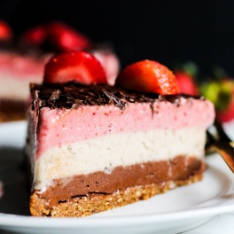 Why have just one ice cream flavor when you can have all three? This Neapolitan Banana Ice Cream cake is a creamy, decadent dessert for any occasion! Vegan & gluten-free.