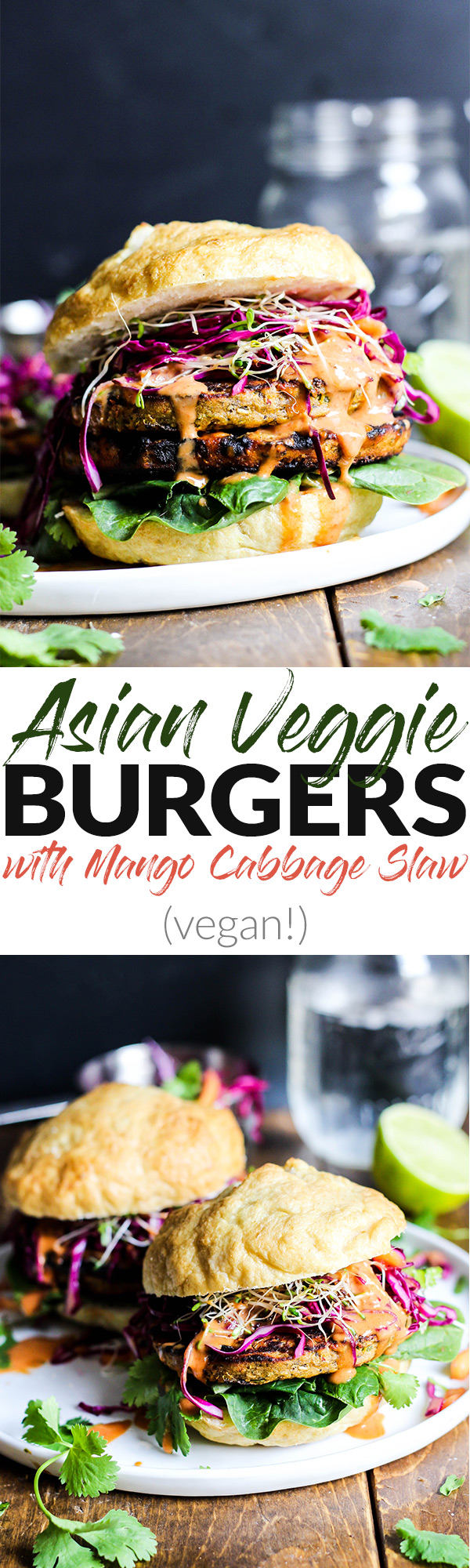 These vegan Asian Veggie Burgers are full of flavor & plant protein! Perfect for weekend grilling, topped with Mango Cabbage slaw and spicy Sriracha sauce.