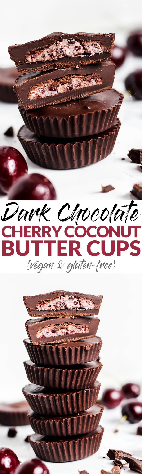 Fruity Dark Chocolate Cherry Coconut Butter Cups make a tasty snack or dessert that's perfectly bite-sized! Only 5 ingredients, vegan & gluten-free.