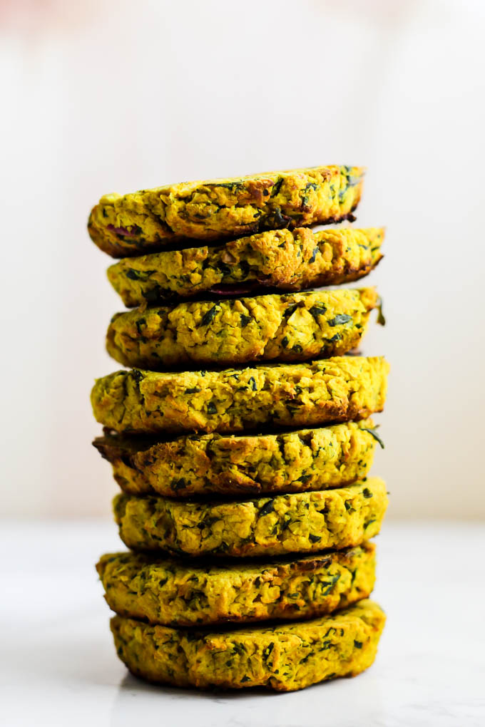 a stack of 8 baked falafels