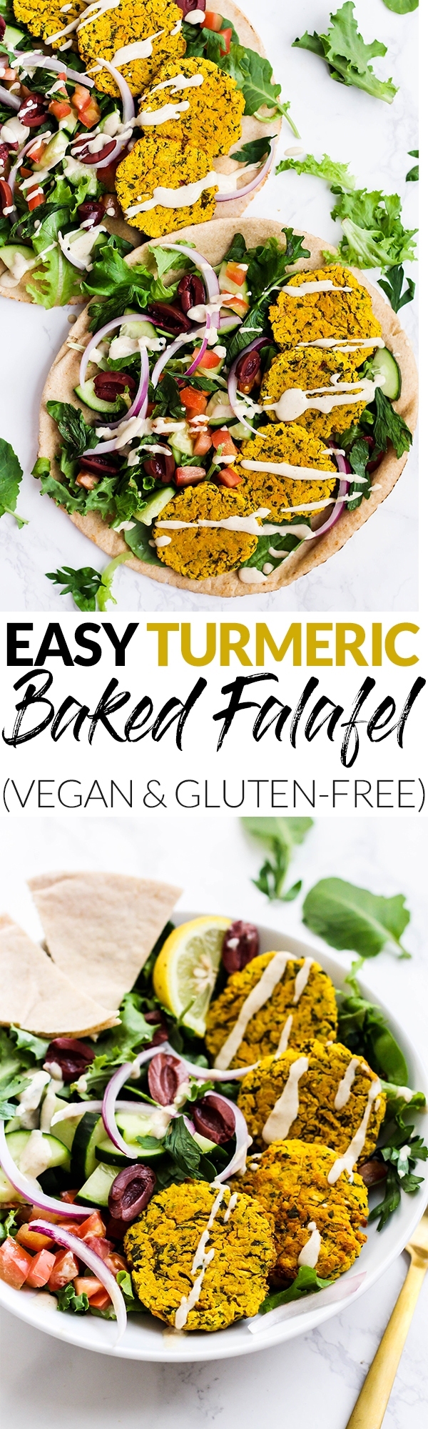 Add a pop of color to your Mediterranean dishes with this easy Turmeric Baked Falafel! The perfect addition to salad, bowls or pita sandwiches. Vegan & gluten-free!