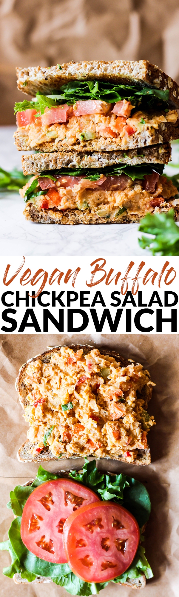 This Vegan Buffalo Chickpea Salad Sandwich is the perfect lunch to pack for adults or kids! It's full of vegetables, beans and grains to keep you satisfied.