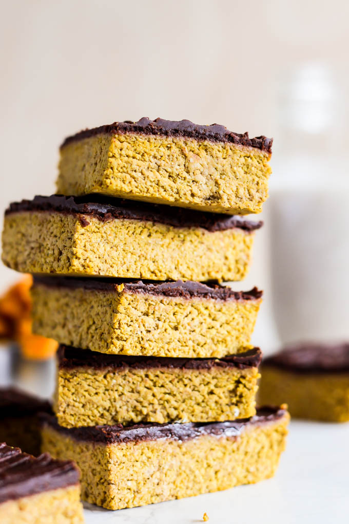 homemade protein bars stacked on top of each other