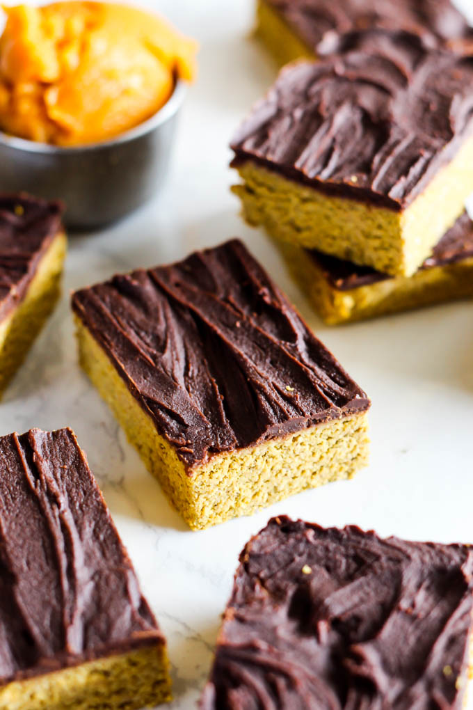 pumpkin protein bars topped with chocolate