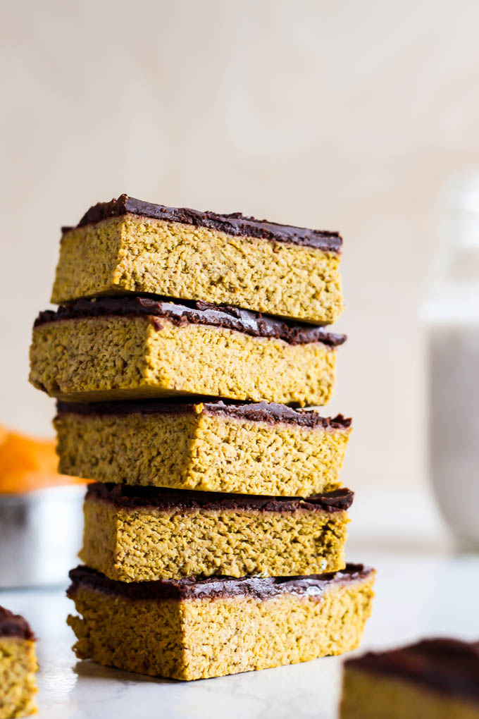 a stack of homemade pumpkin protein bars