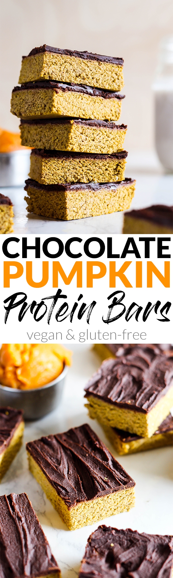 Celebrate fall with these Chocolate Pumpkin Protein Bars - perfect for a sweet snack or healthy dessert! They're vegan, gluten-free & done in under 1 hour.