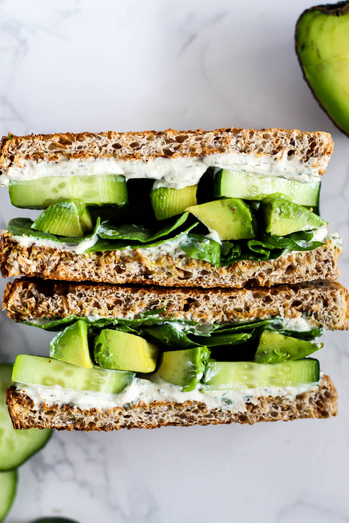 Creamy, hearty, savory...this Cool Cucumber Avocado Sandwich with Tofu Cream Cheese has it all! It's an easy, tasty lunch to pack for kids or adults. Vegan!