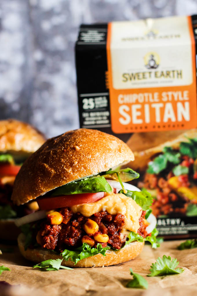 a vegan sloppy joe sat in front of a box of seitan