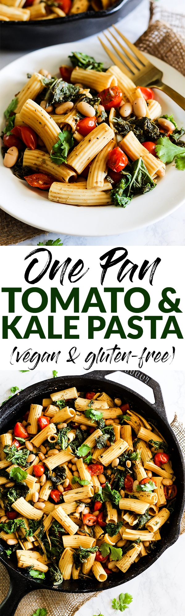 This One Pan Tomato and Kale Pasta will be a staple in your dinner rotation! It's made with simple ingredients & ready in 20 minutes. Vegan & gluten-free!