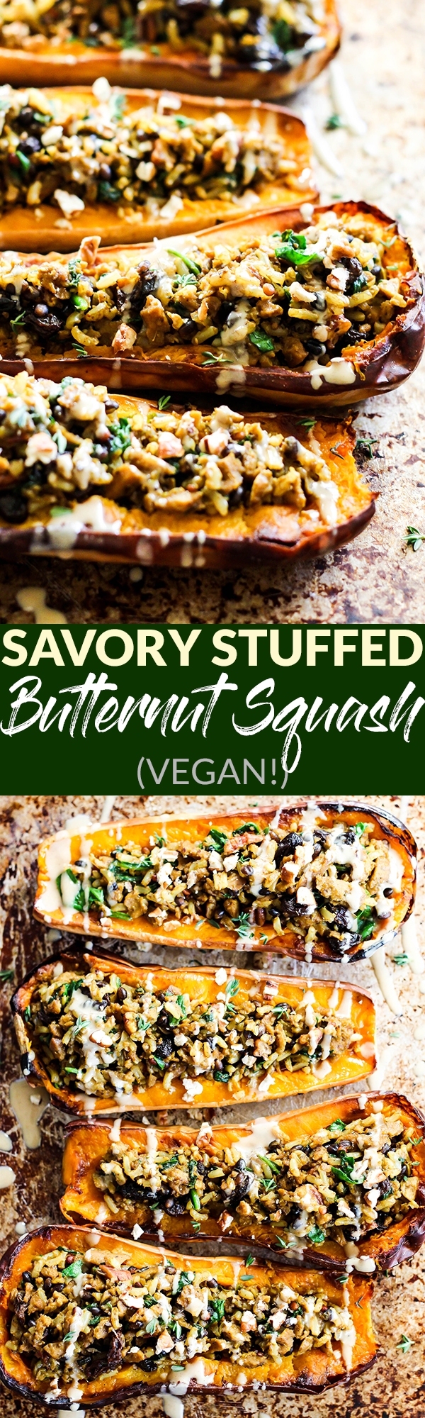 Take advantage of fresh squash with this easy Savory Vegan Stuffed Butternut Squash recipe! It's savory with a hint of sweet & perfect for the holidays.
