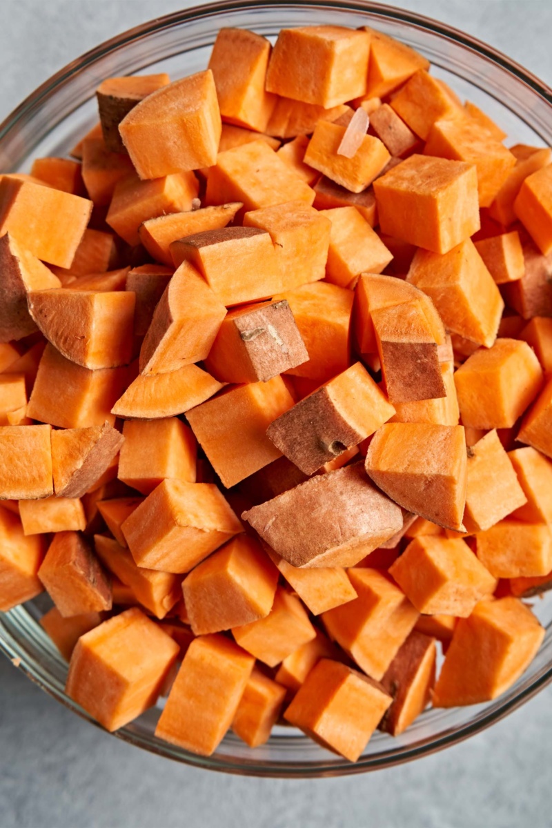 a bowl of cubed sweet potato