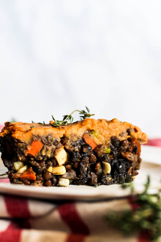 a slice of lentil and mushroom shepherd's pie