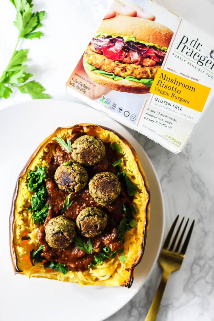 This Mushroom Spaghetti Squash recipe is a delicious, wholesome way to use seasonal squash! It's topped with a hearty mushroom sauce & vegan meatballs. (vegan & gluten-free)