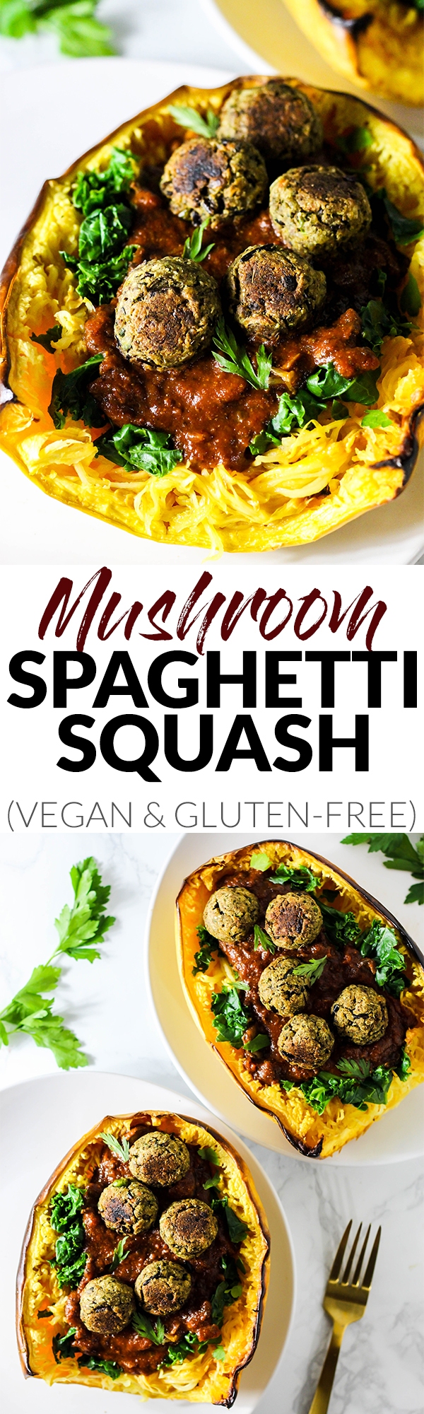 This Mushroom Spaghetti Squash recipe is a delicious, wholesome way to use seasonal squash! It's topped with a hearty mushroom sauce & vegan meatballs. (vegan & gluten-free)