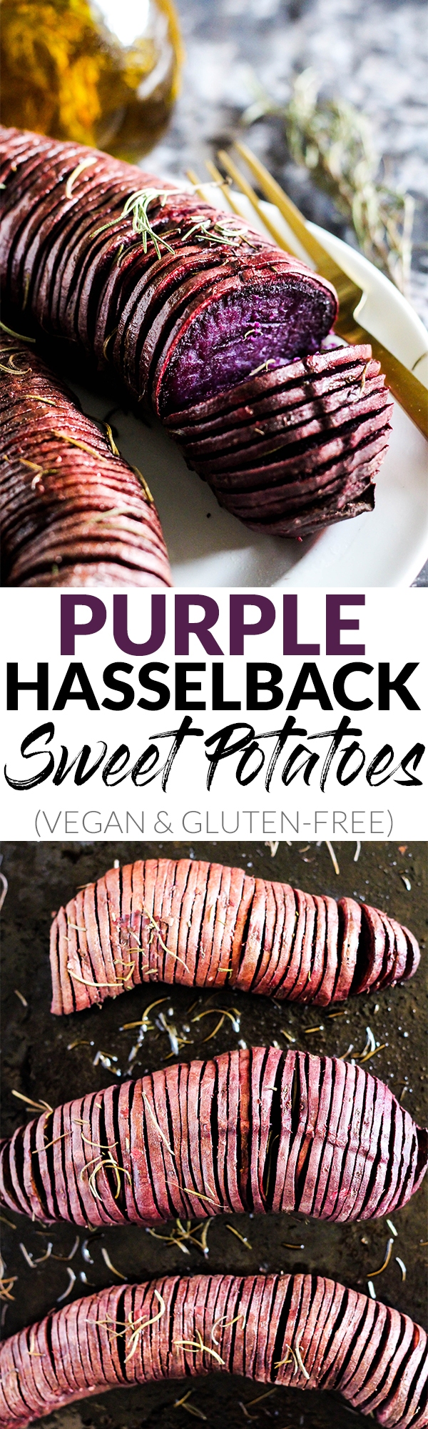 Need an exciting way to cook potatoes for dinner? These Purple Hasselback Sweet Potatoes are your new favorite side dish. Plus an infused olive oil recipe! (vegan & gluten-free)