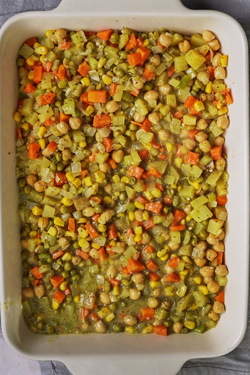 chickpeas and vegetables in a casserole dish