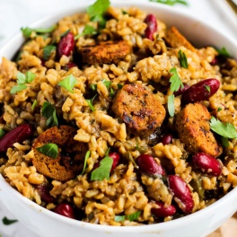 a bowl of plant-based jambalaya