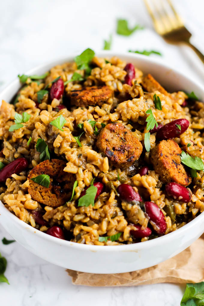 a bowl of plant-based jambalaya