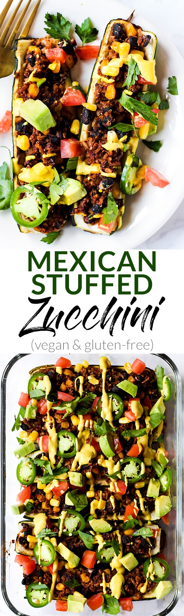 These easy Mexican Stuffed Zucchini make a balanced dinner with whole grains, vegetables & plant protein! Top with avocado & cashew cheese for more flavor.