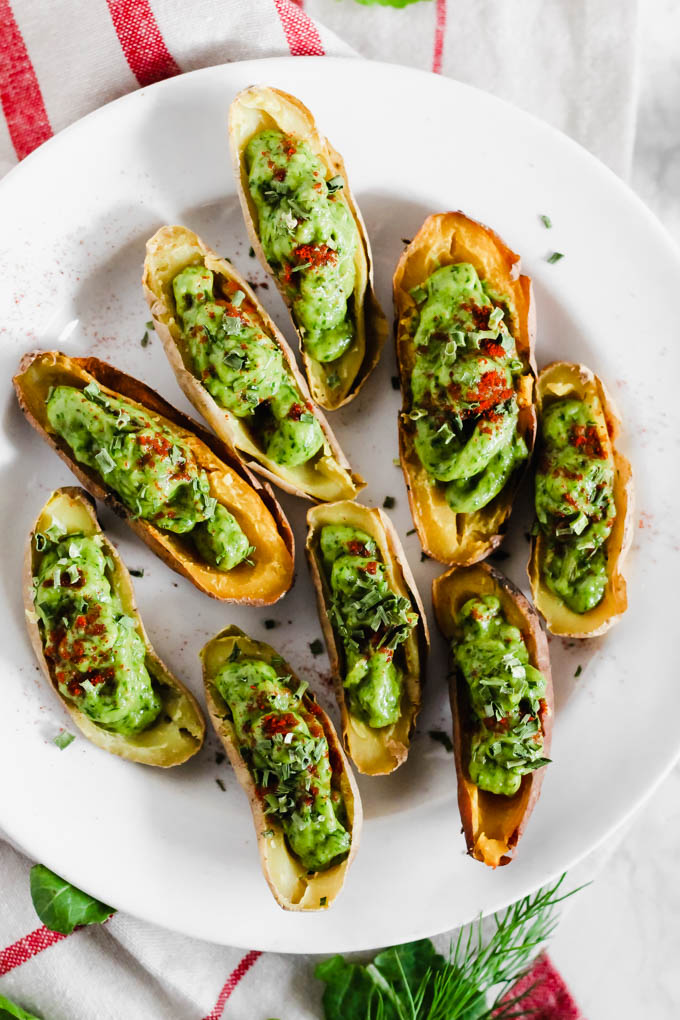 Your game day appetizer tray is not complete without these Avocado Deviled Potatoes & Creamy Avocado Pesto Pinwheels—easy plant-based finger foods for kids and adults alike!