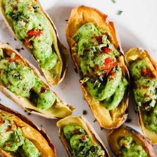 Your game day appetizer tray is not complete without these Avocado Deviled Potatoes & Creamy Avocado Pesto Pinwheels—easy plant-based finger foods for kids and adults alike!