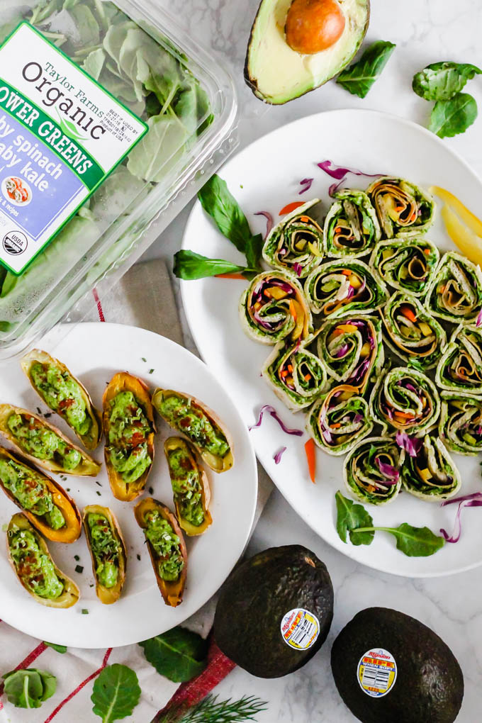 Your game day appetizer tray is not complete without these Avocado Deviled Potatoes & Creamy Avocado Pesto Pinwheels—easy plant-based finger foods for kids and adults alike!