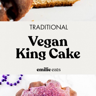 Even if you don’t live in the south, you can still enjoy the flavors of Mardi Gras with this traditional Vegan King Cake recipe! It’s fluffy with a cinnamon raisin filling and a sugary glaze that will satisfy everyone. #vegan #cake #vegancake #dessert #mardigras #southern #dessert