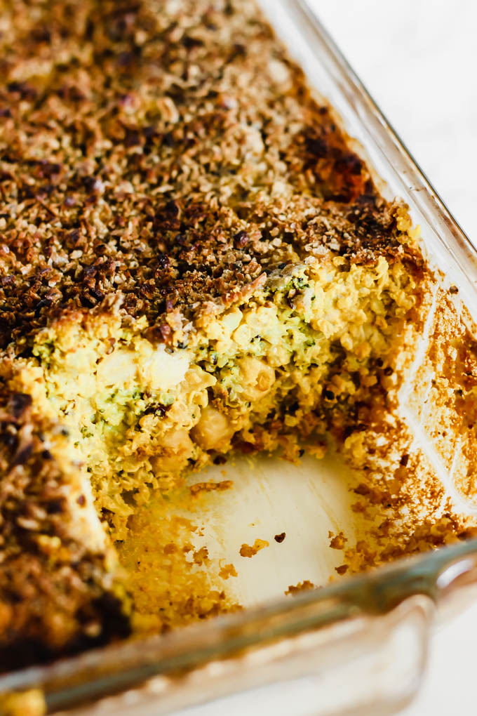 Make this wholesome Cheesy Chickpea, Quinoa & Broccoli Casserole and enjoy leftovers for days! Each serving is full of plant protein, whole grains & vegetables. Vegan & gluten-free!