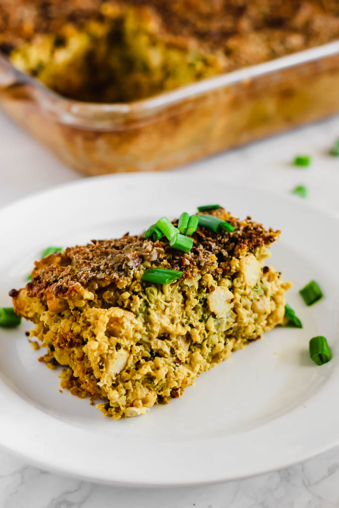 Make this wholesome Cheesy Chickpea, Quinoa & Broccoli Casserole and enjoy leftovers for days! Each serving is full of plant protein, whole grains & vegetables. Vegan & gluten-free!