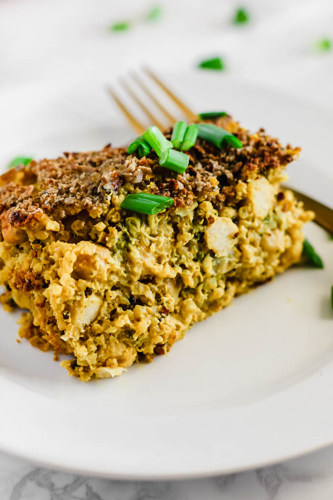 Make this wholesome Cheesy Chickpea, Quinoa & Broccoli Casserole and enjoy leftovers for days! Each serving is full of plant protein, whole grains & vegetables. Vegan & gluten-free!