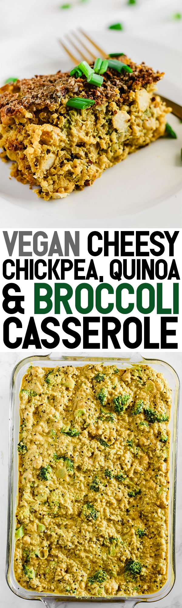 Make this wholesome Cheesy Chickpea, Quinoa & Broccoli Casserole and enjoy leftovers for days! Each serving is full of plant protein, whole grains & vegetables. Vegan & gluten-free!