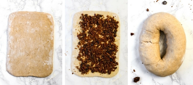 a king cake dough being topped with the cinnamon raisin filling