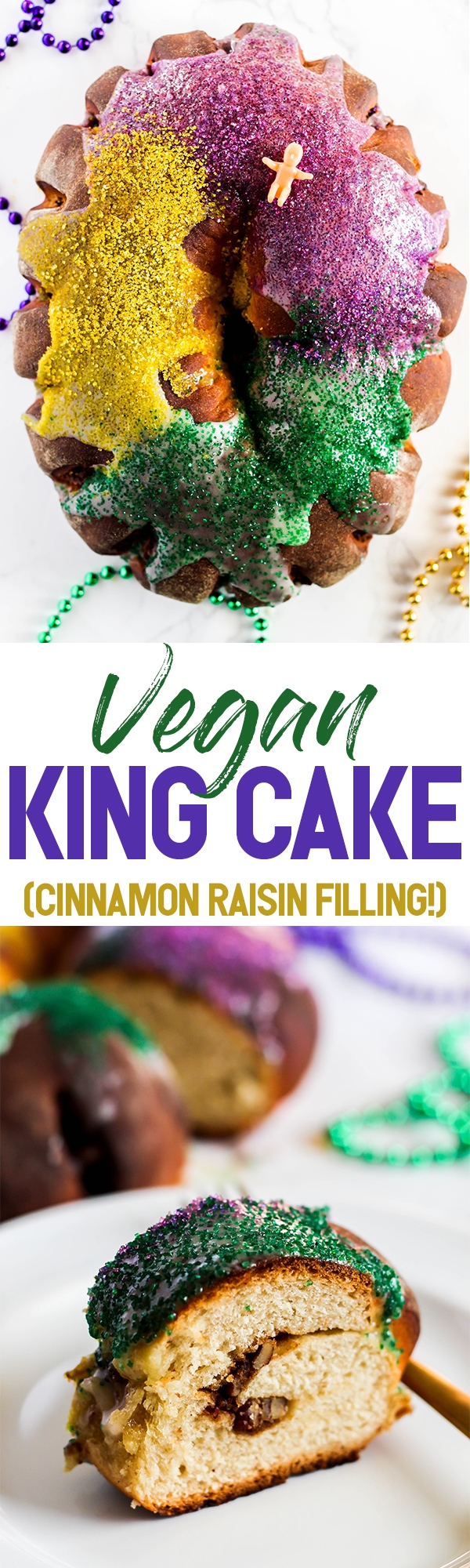 Even if you don’t live in the south, you can still enjoy the flavors of Mardi Gras with this traditional Vegan King Cake recipe! It’s fluffy with a cinnamon raisin filling and a sugary glaze that will satisfy everyone.